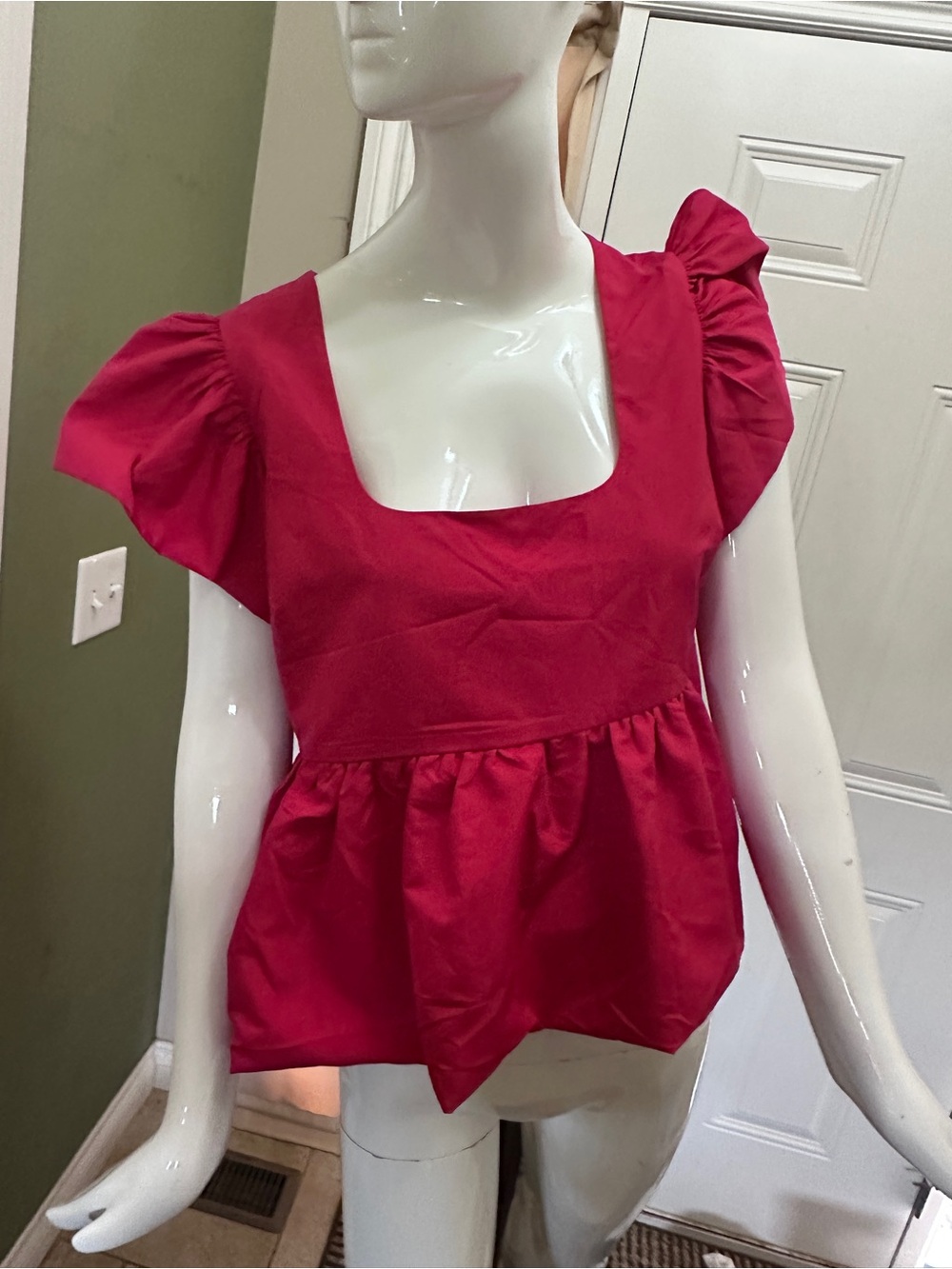 Express Fuchsia Square-Neck Puff Sleeve Peplum Top Large